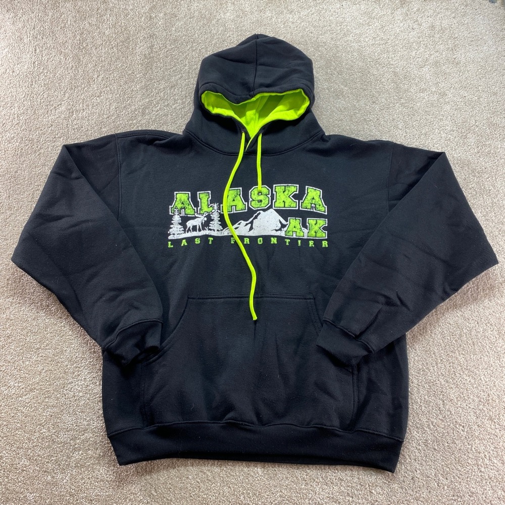 Tipsy‎ Alaska Last Frontier Hoodie Mens Medium Black Neon Green Souvenir Graphic